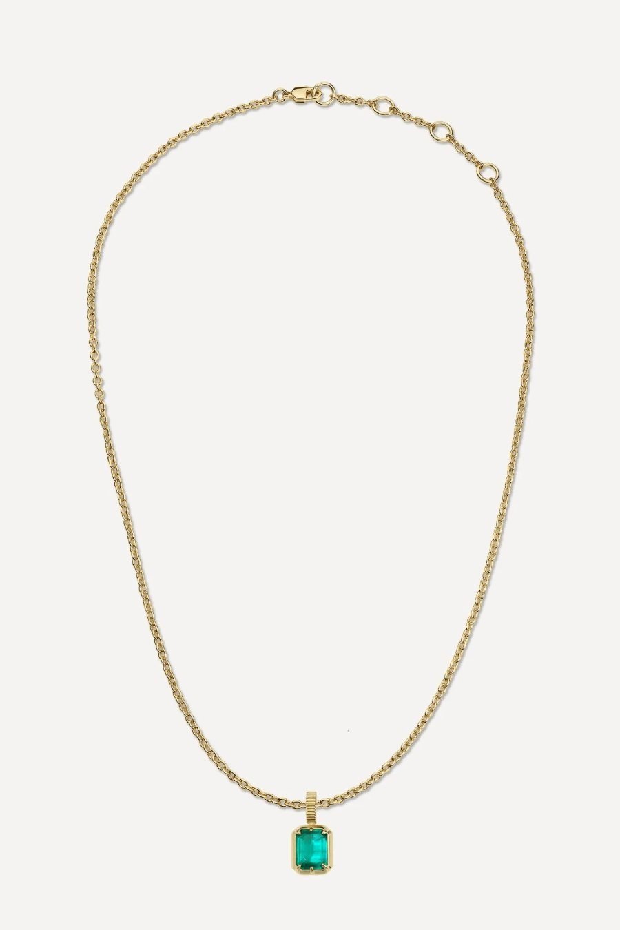 The Kathryn pendant on the link necklace, laid flat with its adjustable clasp